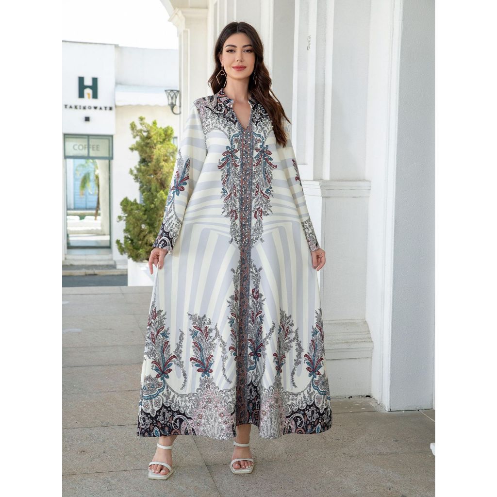Muslim Ladies Long Dress Printed Diamond Embellished Stand Collar Abaya New Style Cross-Border Middle East Clothing