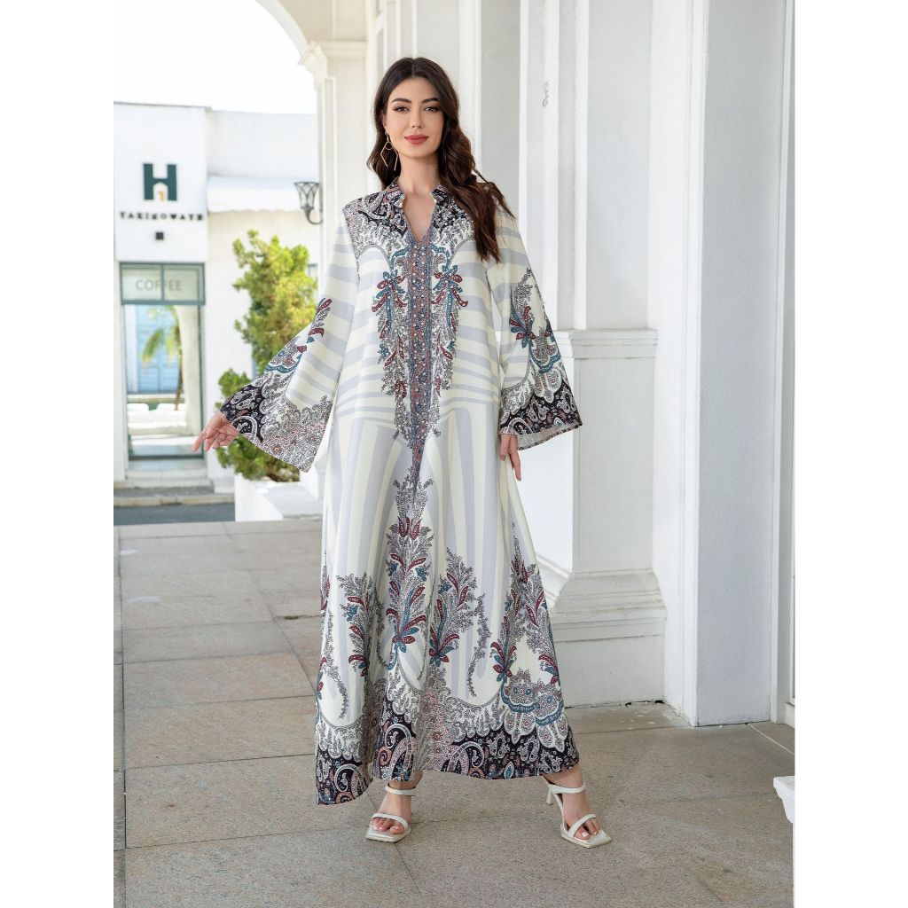 Muslim Ladies Long Dress Printed Diamond Embellished Stand Collar Abaya New Style Cross-Border Middle East Clothing