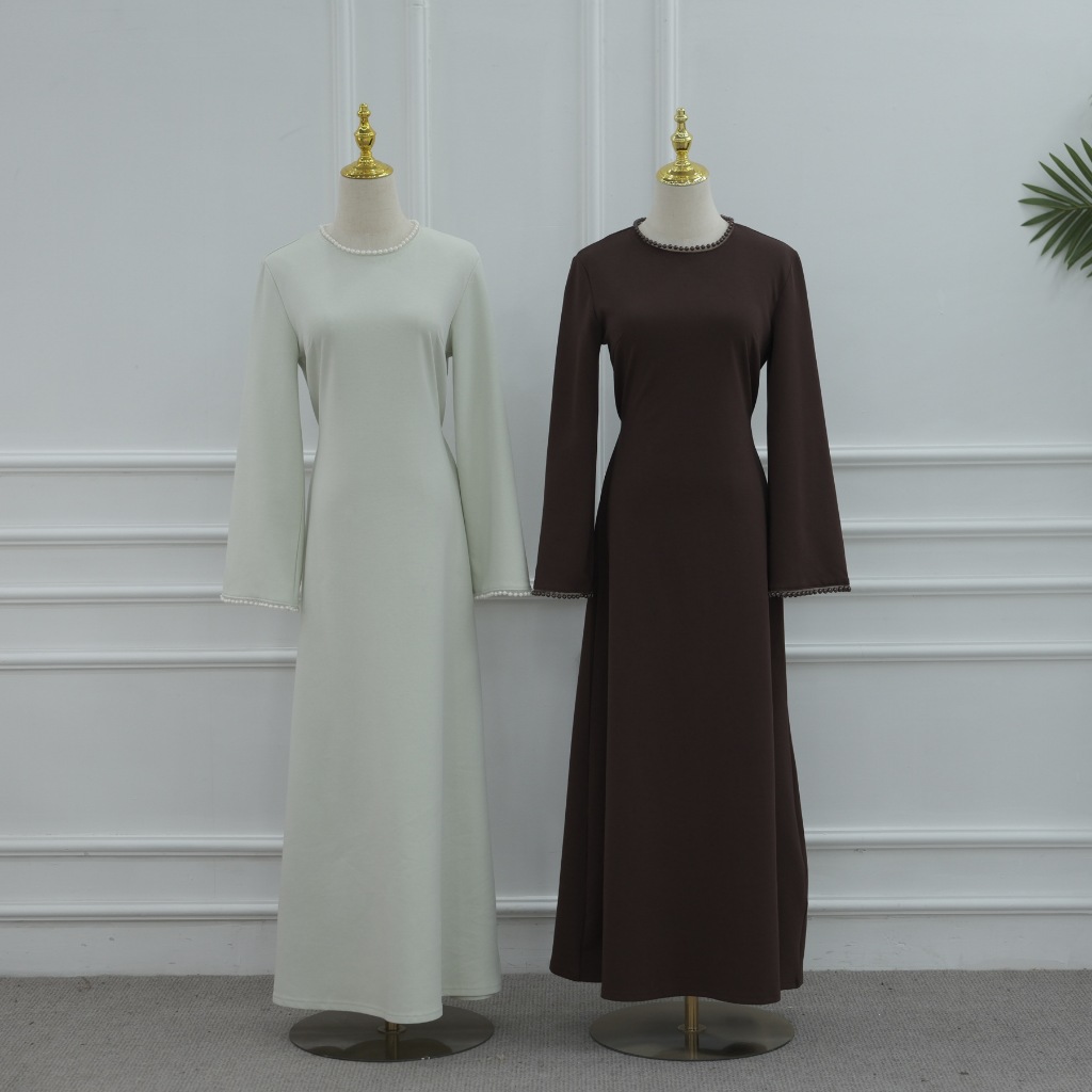 Evening Dresses Pearls Luxury Dubai O-Neck Formal Muslim Prom Gowns Beaded Shawl + Long-Sleeved Dress