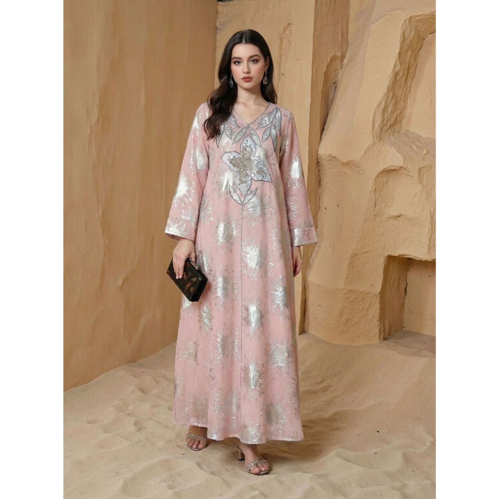 Abaya Women Party Dress Kaftan Jalabiya V Neck Sequins Muslim Dubai Ramadan Caftan Long Robe