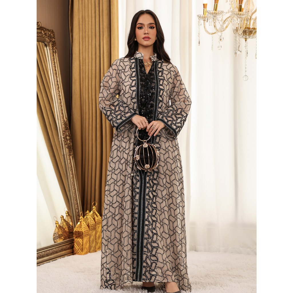 Women Embroidery Mesh Dress Abaya Muslim Jalabiya Ramadan Dresses Arab Long Robe Dubai Kaftan