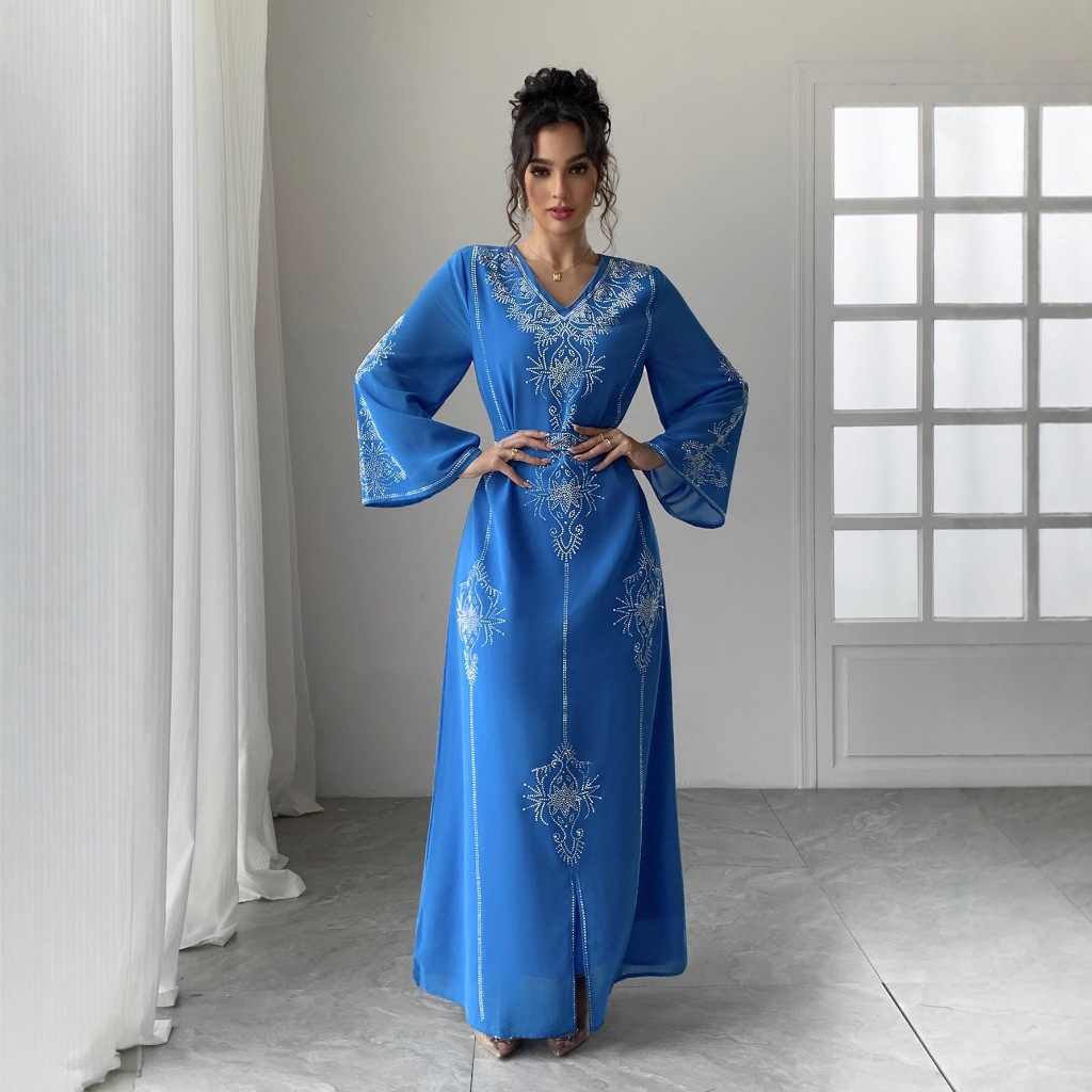 Women Diamond Dress Abaya Muslim Jalabiya Ramadan V Neck Party Dresses Arab Long Robe Dubai Kaftan