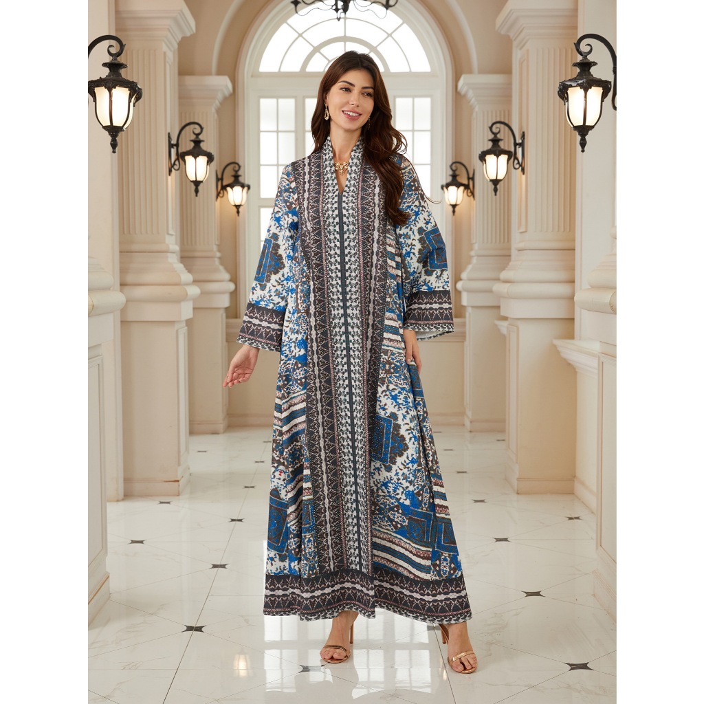 Luxury Muslim Women’s Long Sleeve Dress  Rhinestone & Water Diamond Print  Worldwide Viral Fashion Trend
