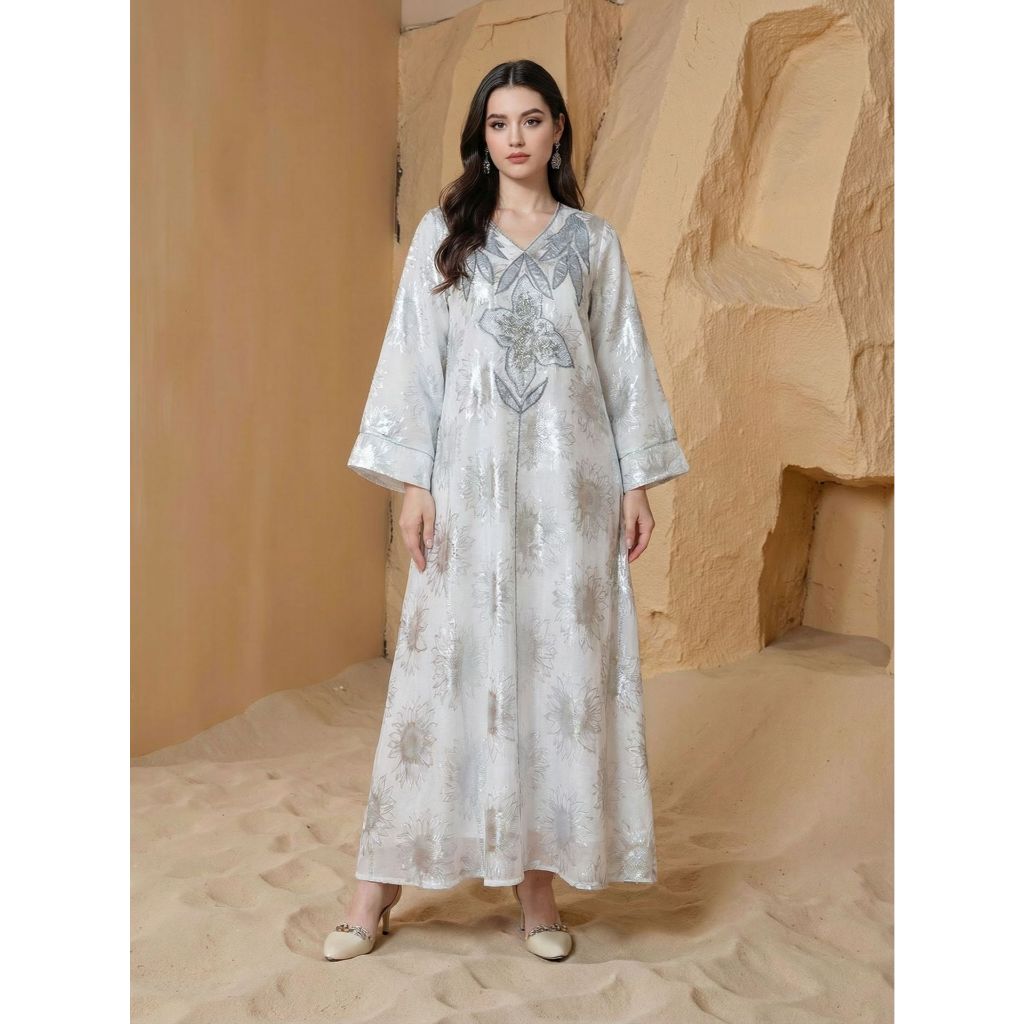 Abaya Women Party Dress Kaftan Jalabiya V Neck Sequins Muslim Dubai Ramadan Caftan Long Robe