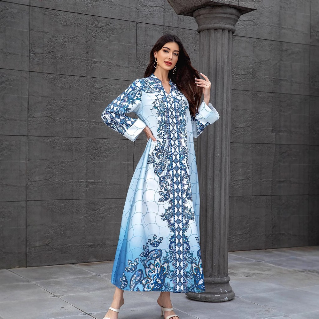 Women Dress Abaya Muslim Ramadan Jalabiya Print Beading Party Dresses Dubai Long Robe Kaftan