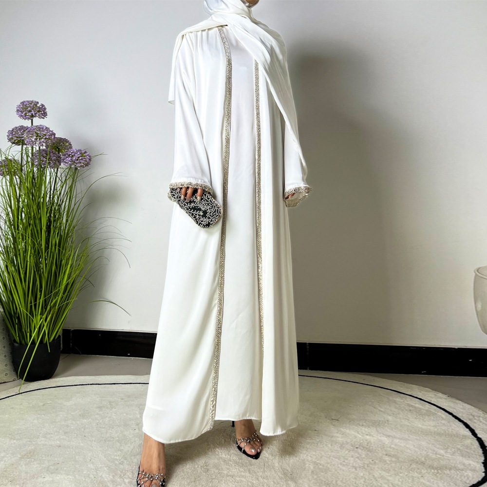Ramadan Muslim Set Abaya Women Satin Kimono Dress Hijab Belt Diamond Cardigan Abayas Kaftan Dubai Robe