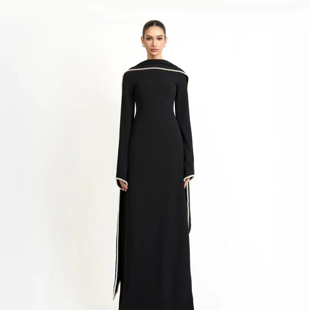 Evening Dresses Pearls Luxury Dubai O-Neck Formal Muslim Prom Gowns Beaded Shawl + Long-Sleeved Dress