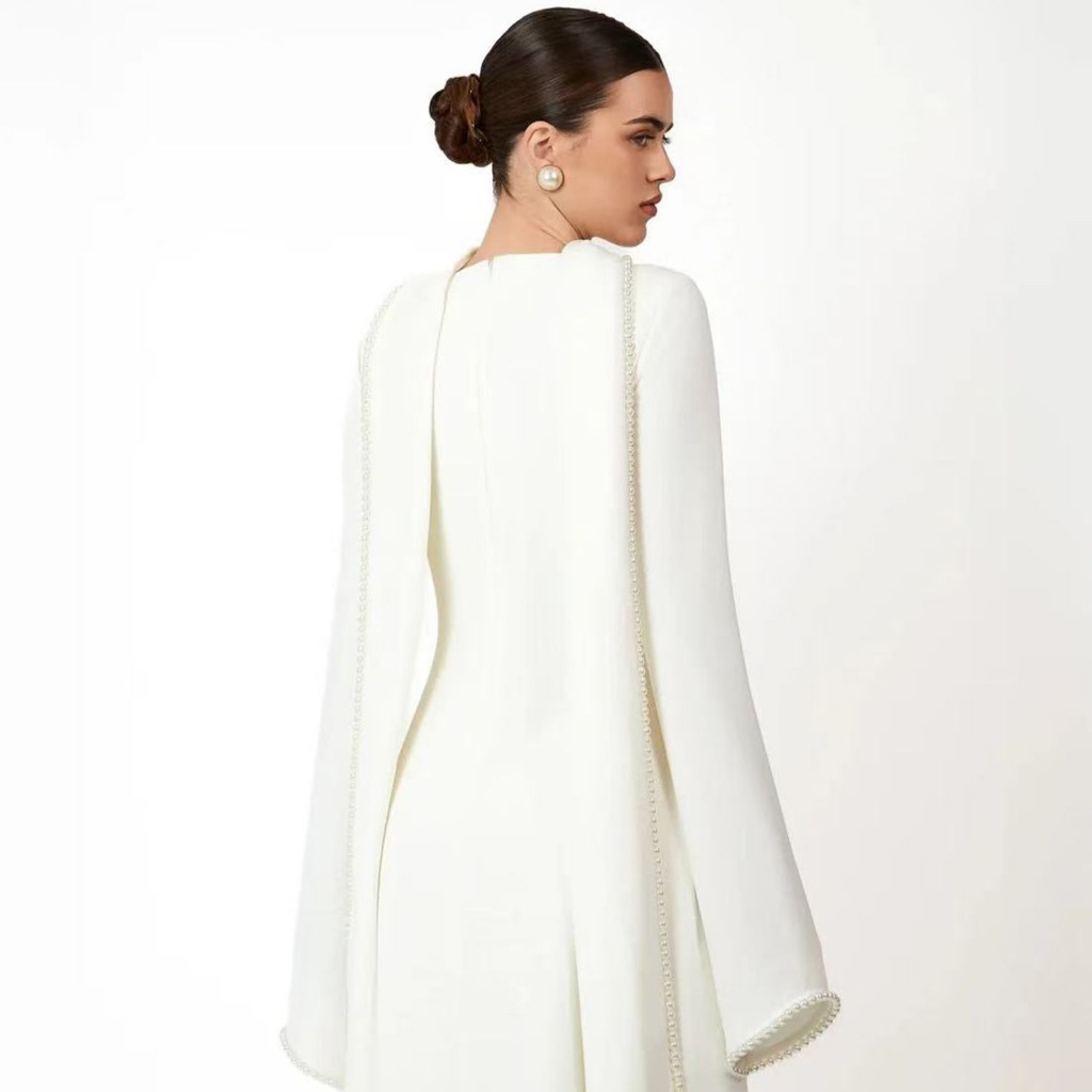 Evening Dresses Pearls Luxury Dubai O-Neck Formal Muslim Prom Gowns Beaded Shawl + Long-Sleeved Dress