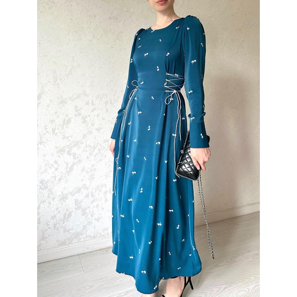 Chic Drawstring Waist Loose Dress Women Long Sleeve O Neck High Waist Pullover Swing Knee Length Spring Autumn