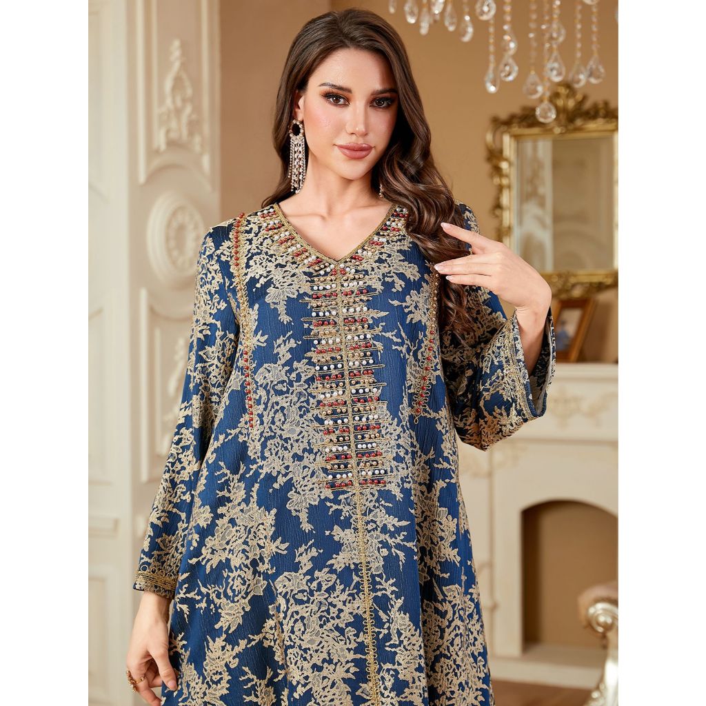 Women Embroidery Print Dress Abaya Women Party Jalabiya Muslim Dubai  Ramadan Prayer Caftan Robe