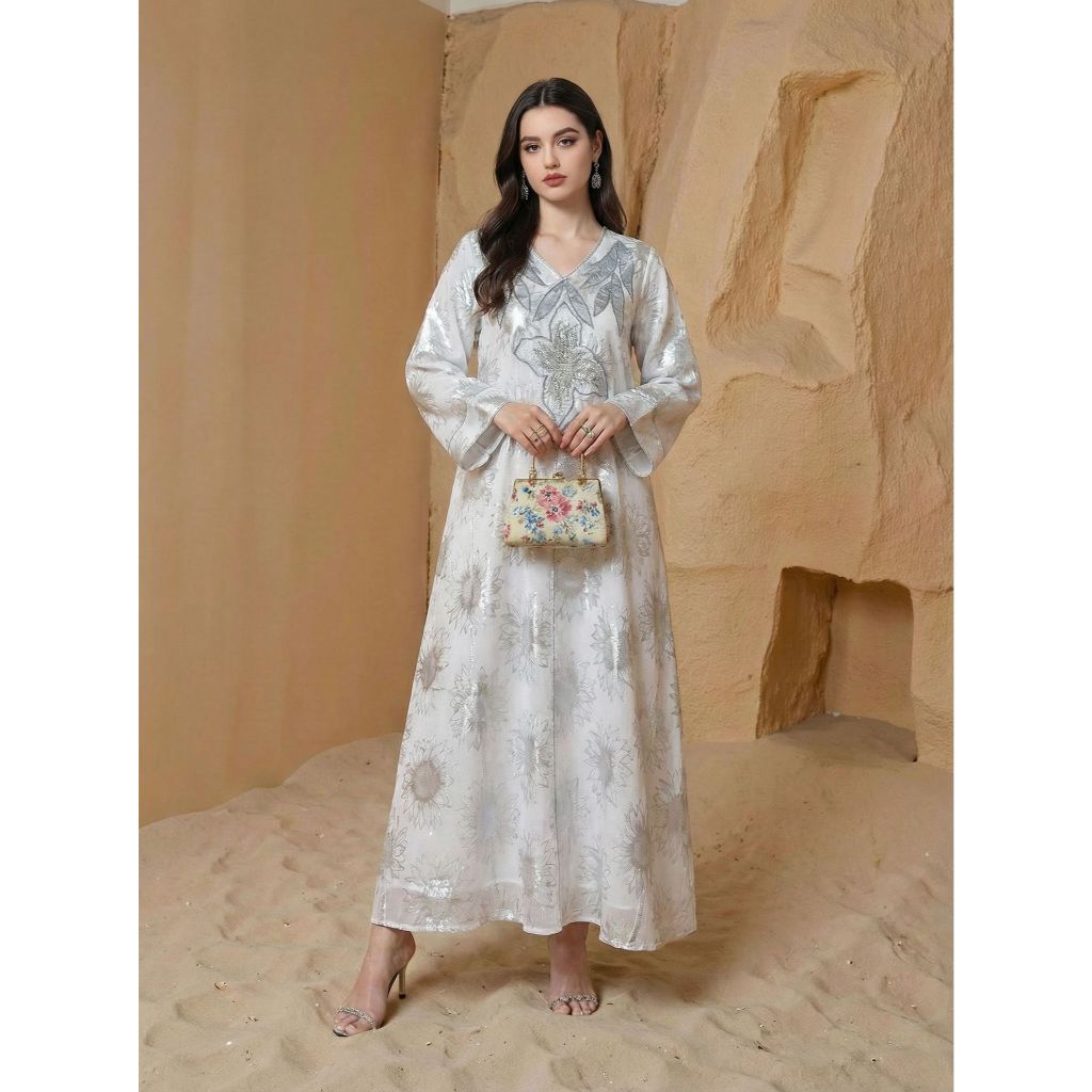 Abaya Women Party Dress Kaftan Jalabiya V Neck Sequins Muslim Dubai Ramadan Caftan Long Robe