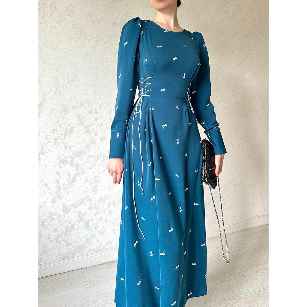 Chic Drawstring Waist Loose Dress Women Long Sleeve O Neck High Waist Pullover Swing Knee Length Spring Autumn