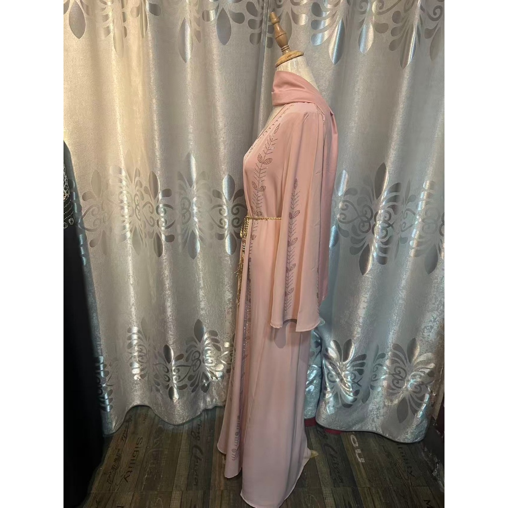 New Bell-sleeved women's abaya robe dress pullover with rhinestones and scarf, Dubai Robe
