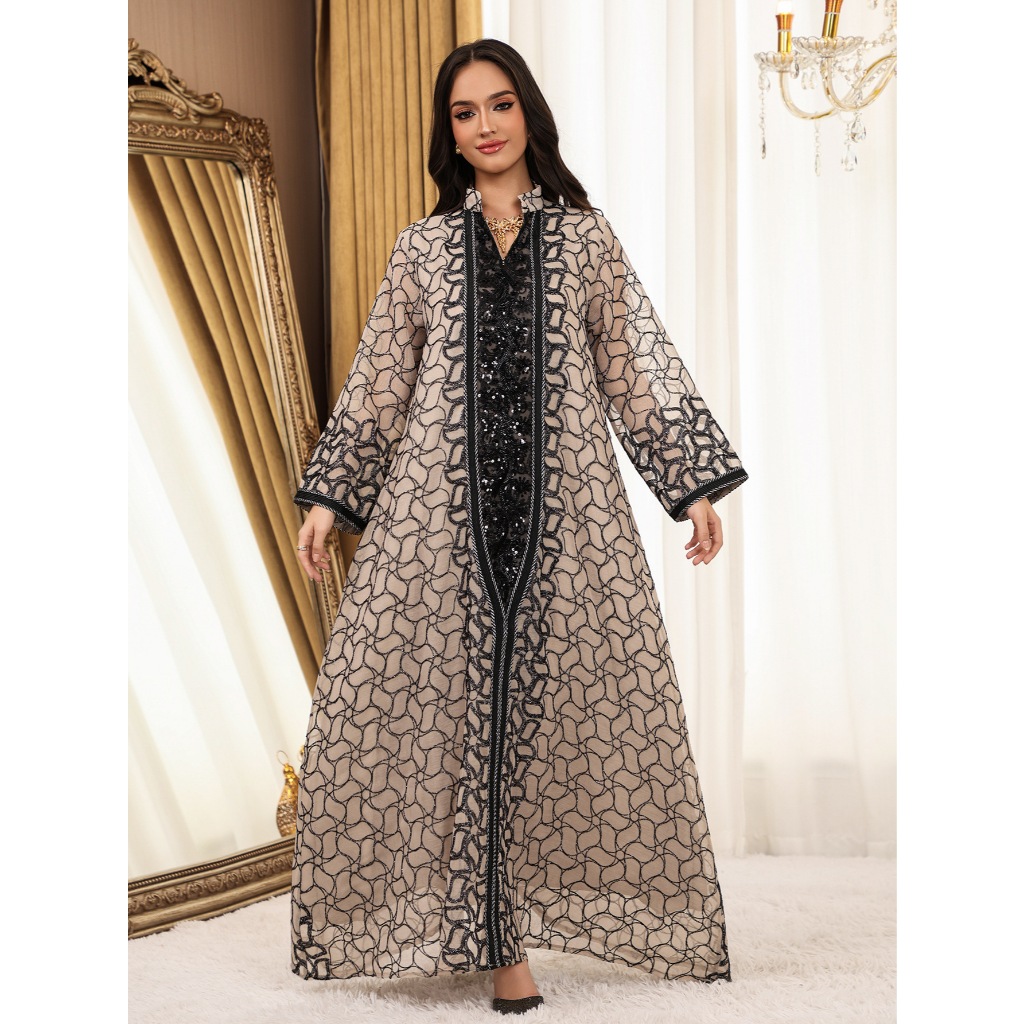Women Embroidery Mesh Dress Abaya Muslim Jalabiya Ramadan Dresses Arab Long Robe Dubai Kaftan