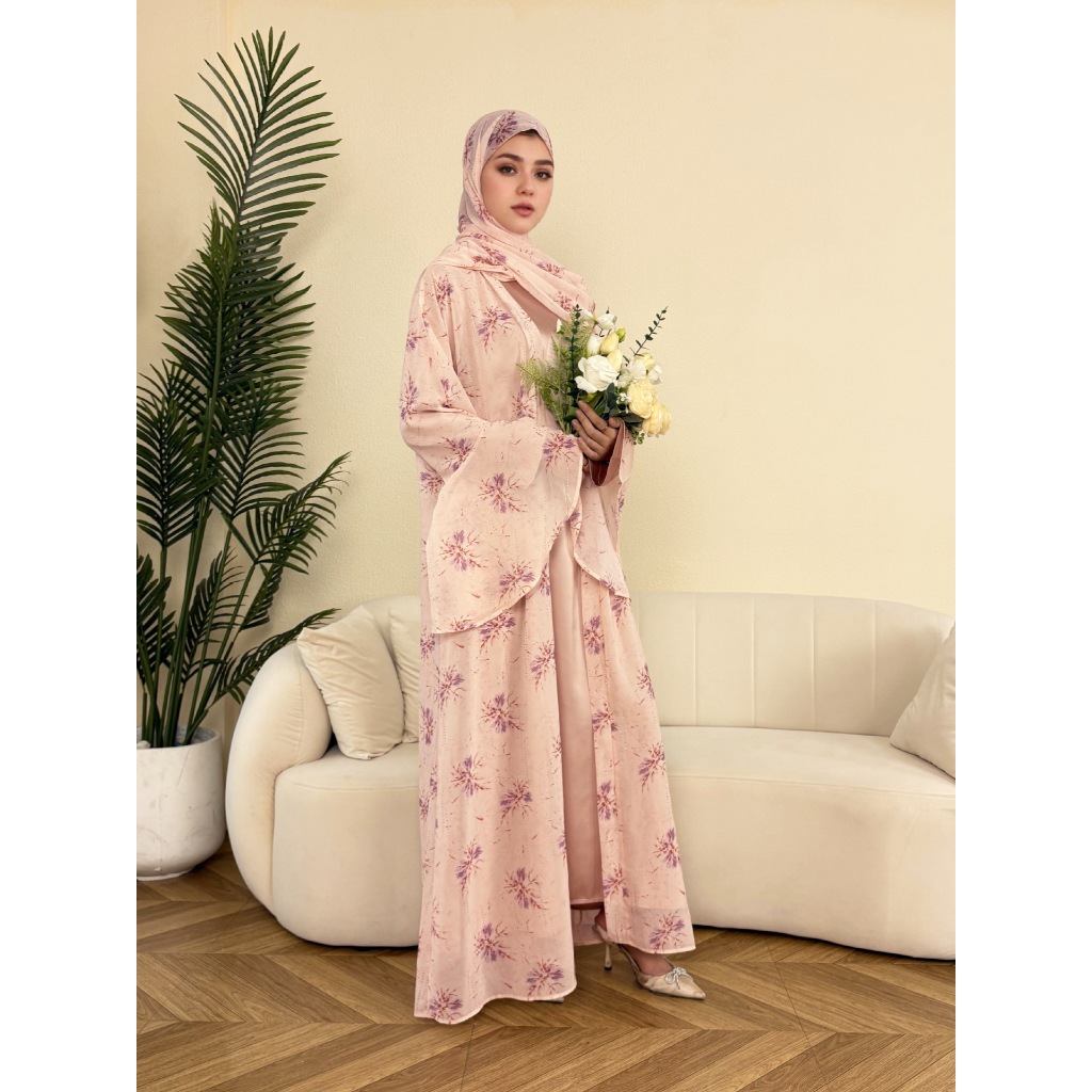Dubai Women Pink Chiffon Printed Dress Open Kimono Abaya Floral Pattern Slim Fit Dress Kaftan Summer Casual Fashion