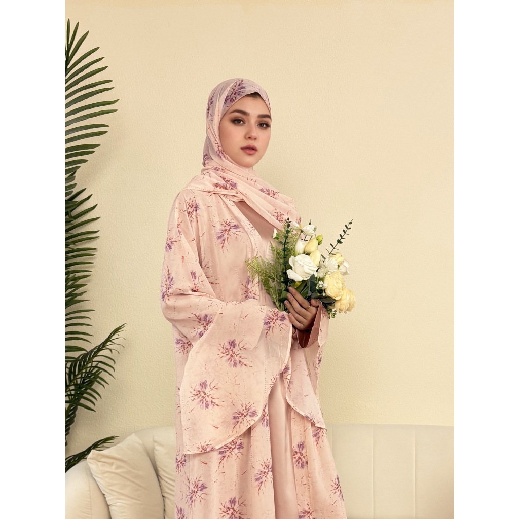 Dubai Women Pink Chiffon Printed Dress Open Kimono Abaya Floral Pattern Slim Fit Dress Kaftan Summer Casual Fashion