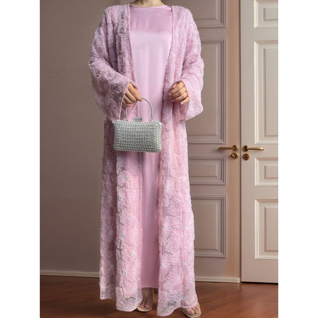 Women’s 2‑Piece Set | Mesh Floral Beaded Jacket & Satin Inner Dress | Elegant Party Outfit, Vintage Style, Modest Wear