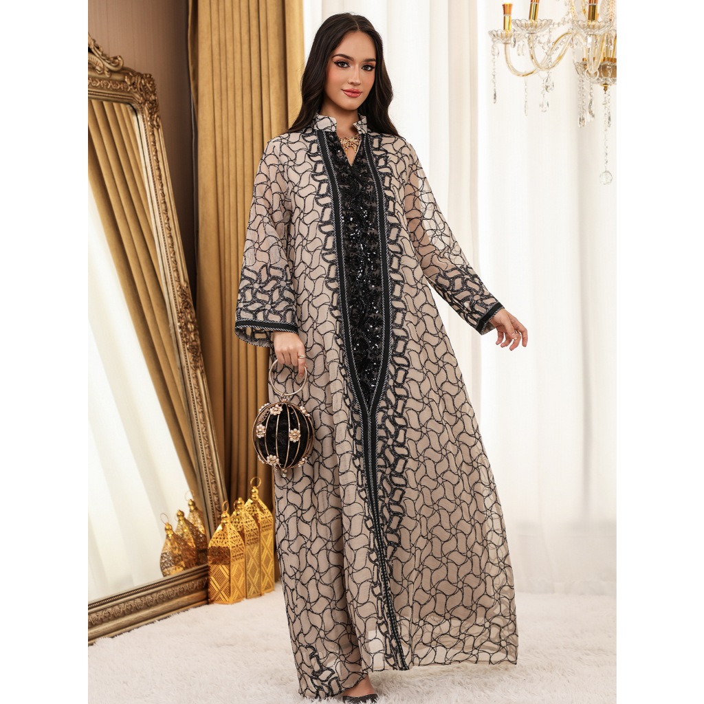 Women Embroidery Mesh Dress Abaya Muslim Jalabiya Ramadan Dresses Arab Long Robe Dubai Kaftan