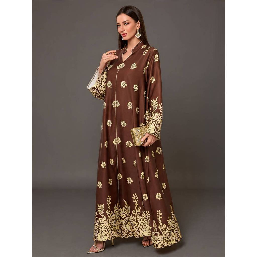 Women Print Dress Abaya Muslim Jalabiya Ramadan V Neck Party Dresses Arab Long Robe Dubai Kaftan