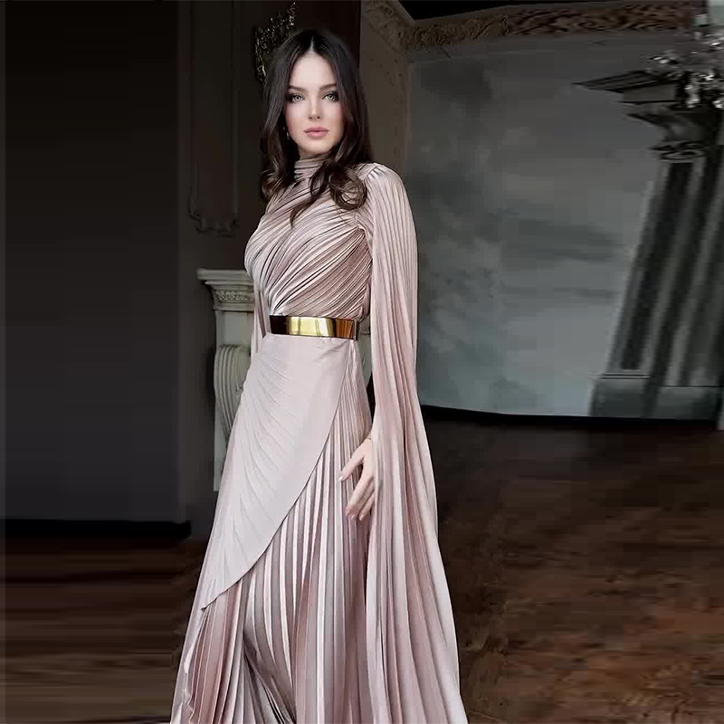 Arabia Elegant Wrinkled Satin Abaya Glow Modesty Athena Pleated Evening Dress Bell Sleeves Party Dress Exclusive - detail 5
