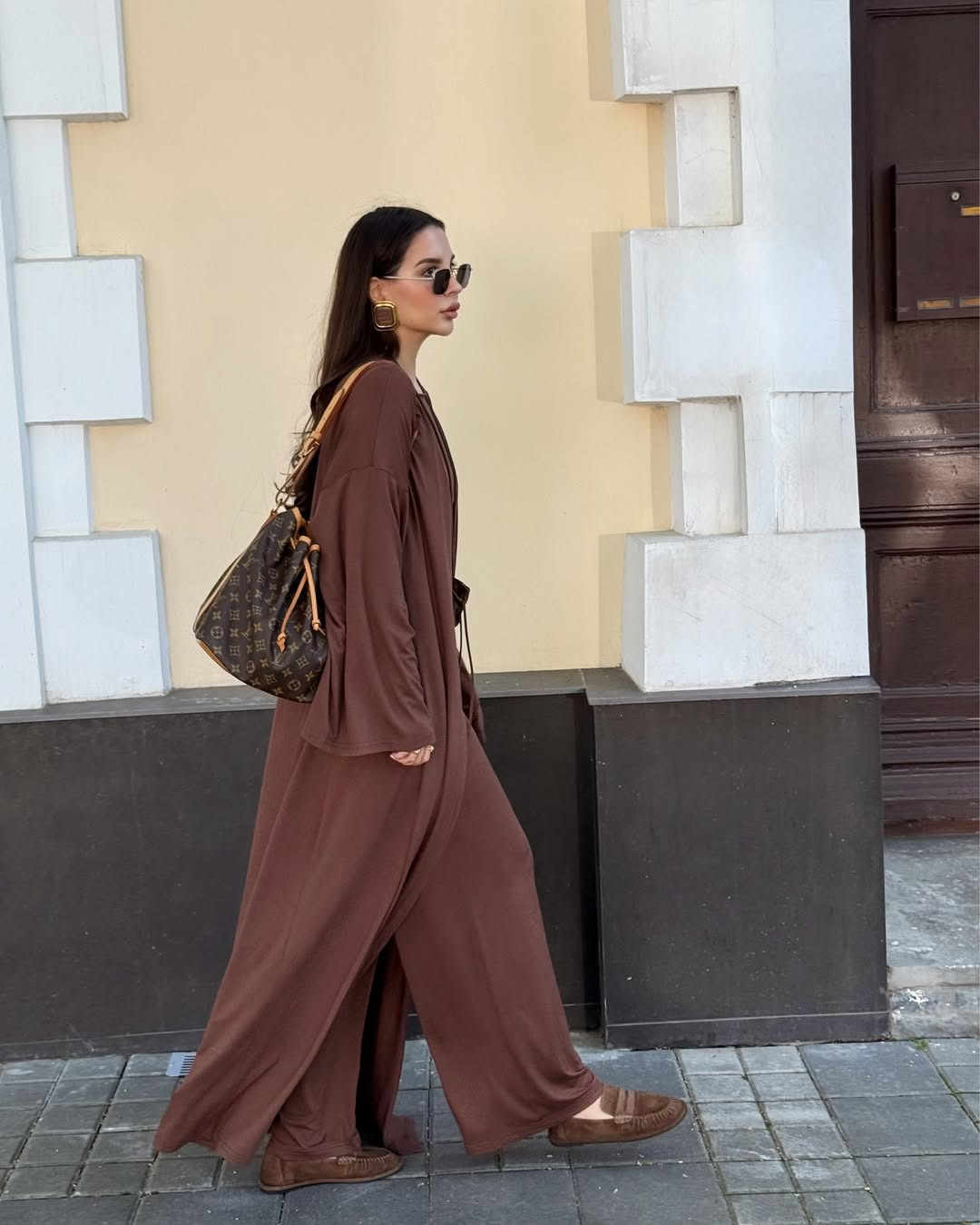 High Waist Wide Leg Pants Solid Color Long Sleeve Floor-Length Robe Round Neck Ladies' 3-Piece Set - detail 4