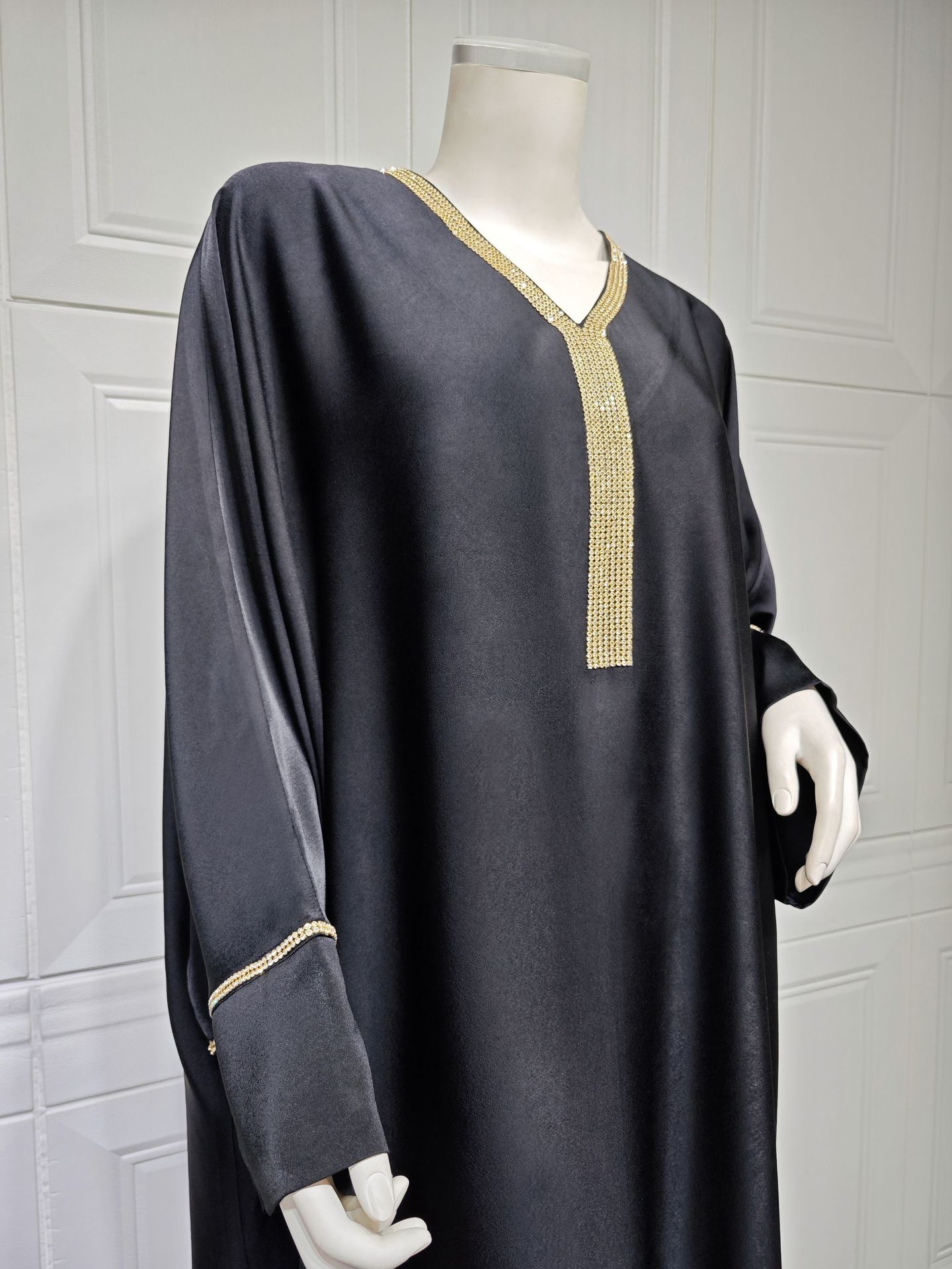 Muslim Long Dress Women Bat Sleeve Caftan Abaya Satin Robe Diamond Party Abayas Ramadan V Neck Kaftan Caftan Jalabiya - detail 10
