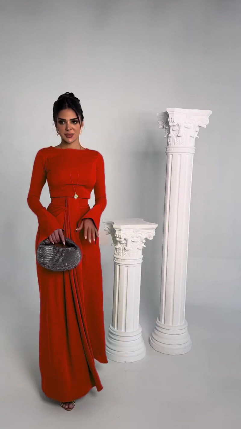 Casual Solid Prom Dress Elegant O Neck High Waist Pleated Commuter Dress New Autumn Fashion Flared Sleeve Split - detail 6
