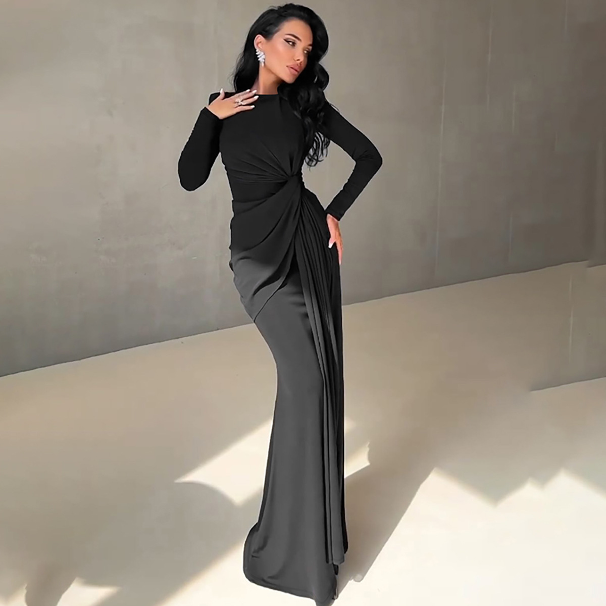 Long Sleeves Shoulder Pad Ruched Maxi Dress Solid Elegant Prom Evening Party Long Dress Women’S Outfit - detail 3