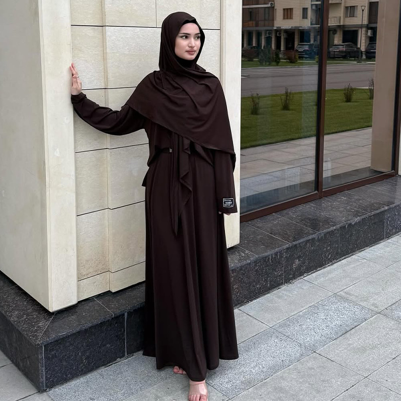 Elegant Modest Fashion Muslim Women Abaya Set Chic Headscarf & Long-Sleeve Dress Dubai Style - detail 8