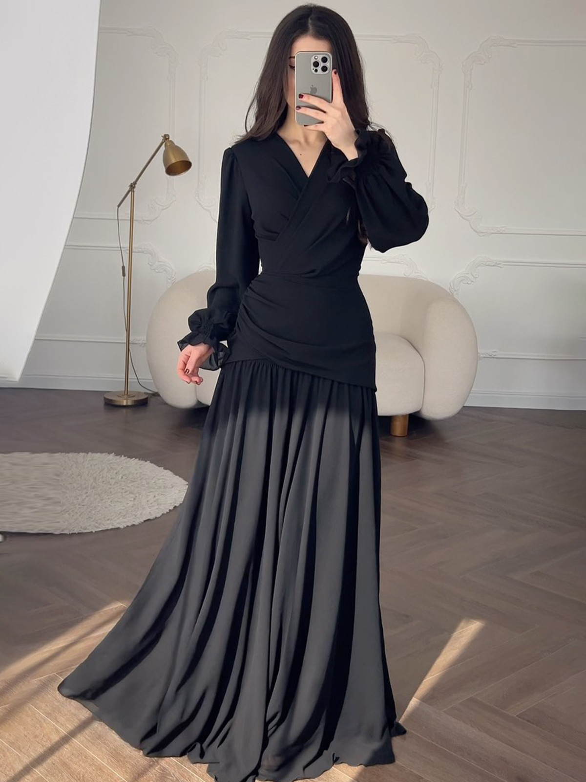 Black Chiffon Women's Dress Empire Waist Ankle-Length Square Collar Puffy Sleeve New Design - detail 1