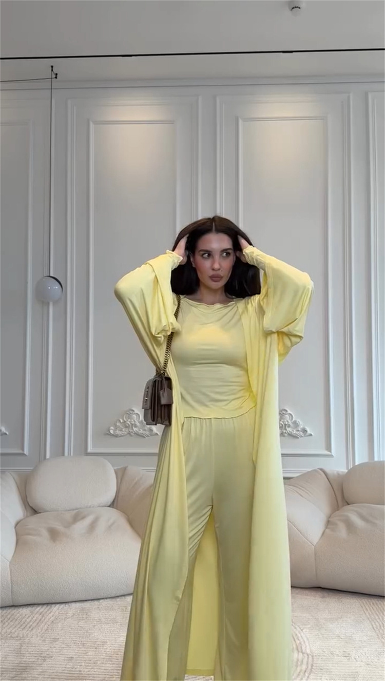 High Waist Wide Leg Pants Solid Color Long Sleeve Floor-Length Robe Round Neck Ladies' 3-Piece Set - detail 8
