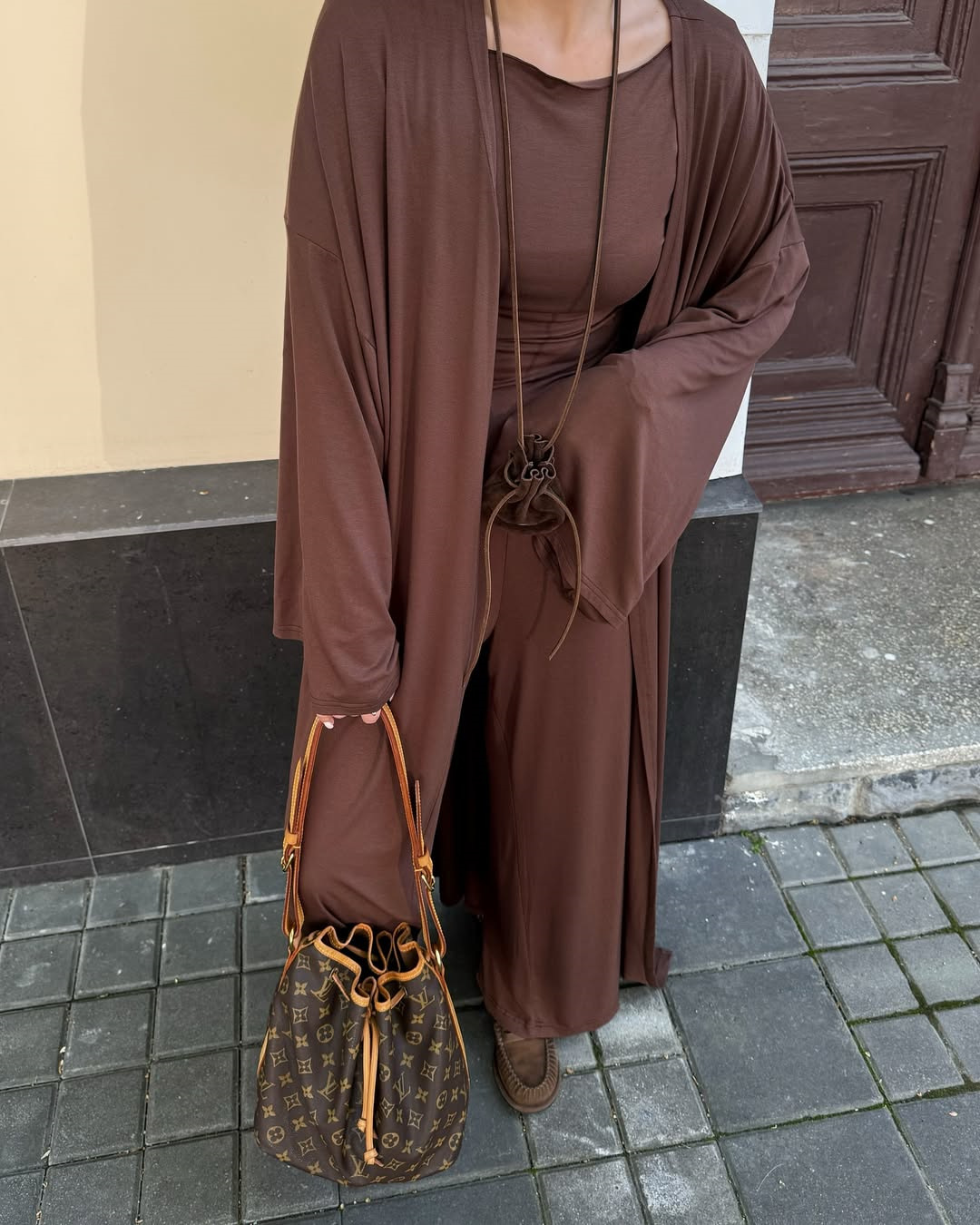 High Waist Wide Leg Pants Solid Color Long Sleeve Floor-Length Robe Round Neck Ladies' 3-Piece Set - detail 6