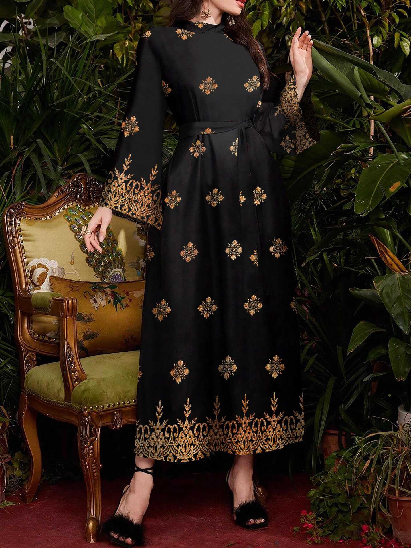 Elegant Black Printed Long-Sleeved Dress – Slim Fit, Waist-Hugging Maxi for Women Formal, Casual & Party Wear - detail 3