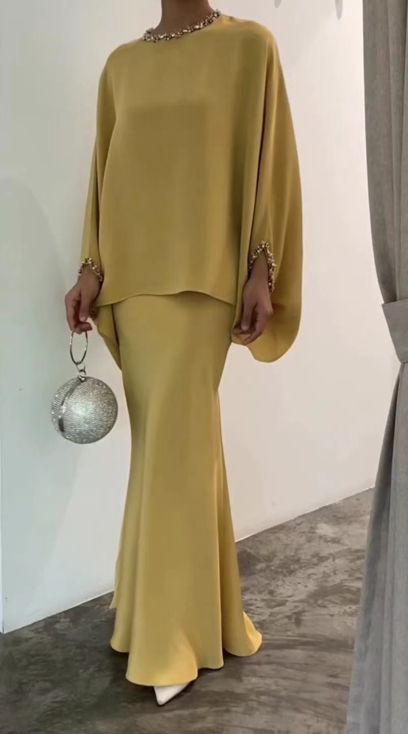 Elegant 2pcs Dress Women Muslim Abaya 2 Piece Sets Bat Sleeve Skirts Suits Pearl Dresses Vestido Eid Hijab Islam Clothin - detail 2