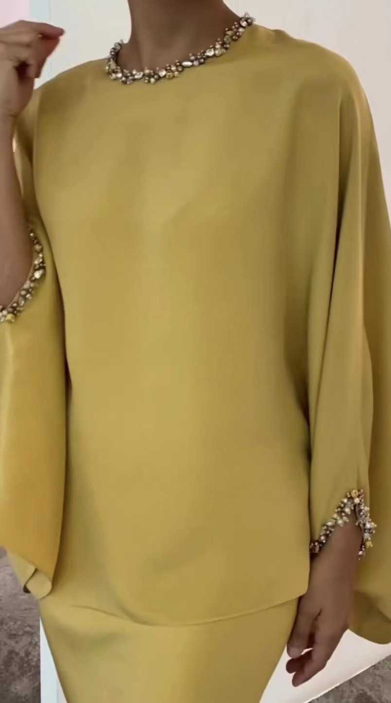 Elegant 2pcs Dress Women Muslim Abaya 2 Piece Sets Bat Sleeve Skirts Suits Pearl Dresses Vestido Eid Hijab Islam Clothin - detail 10