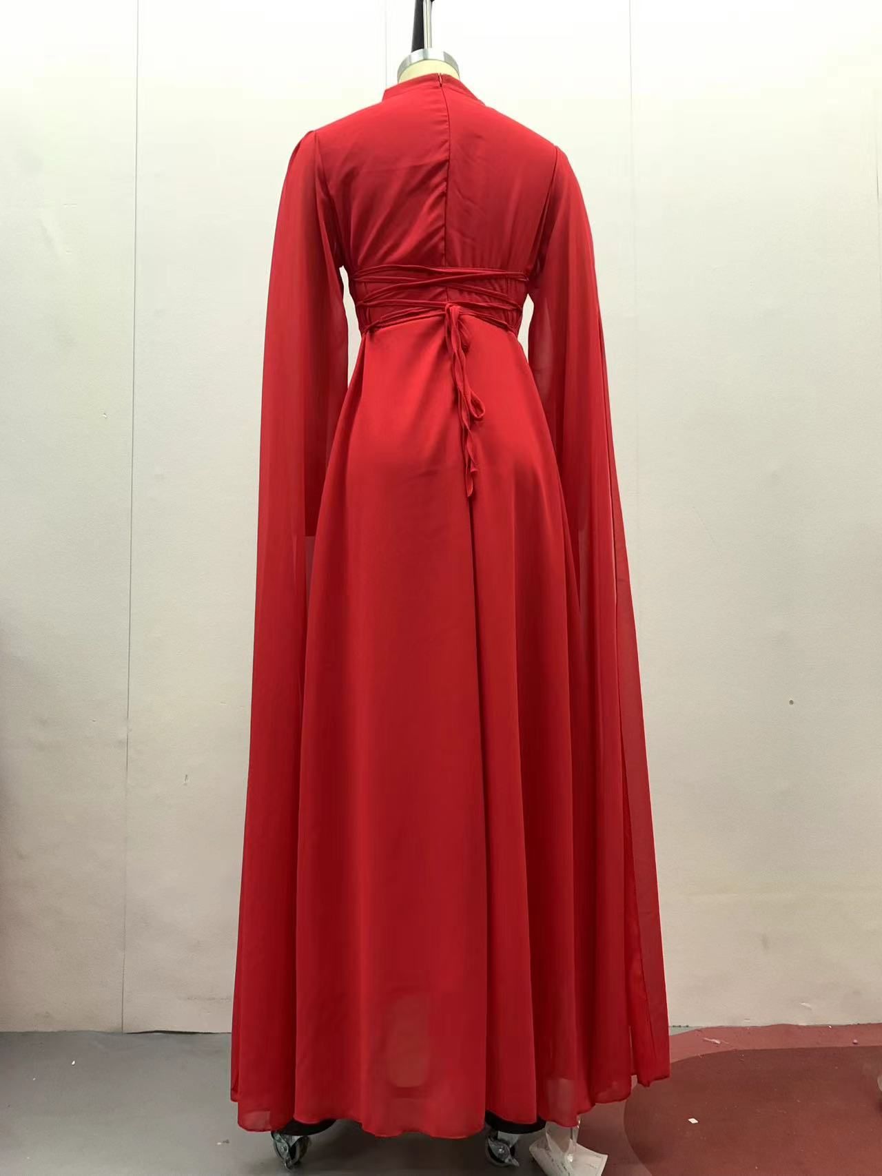 Spring Women's New Elegant Solid Color Waist Cinching Chiffon Big Batball Sleeve Dress Party Dinner Waist Cinching Dress - detail 11