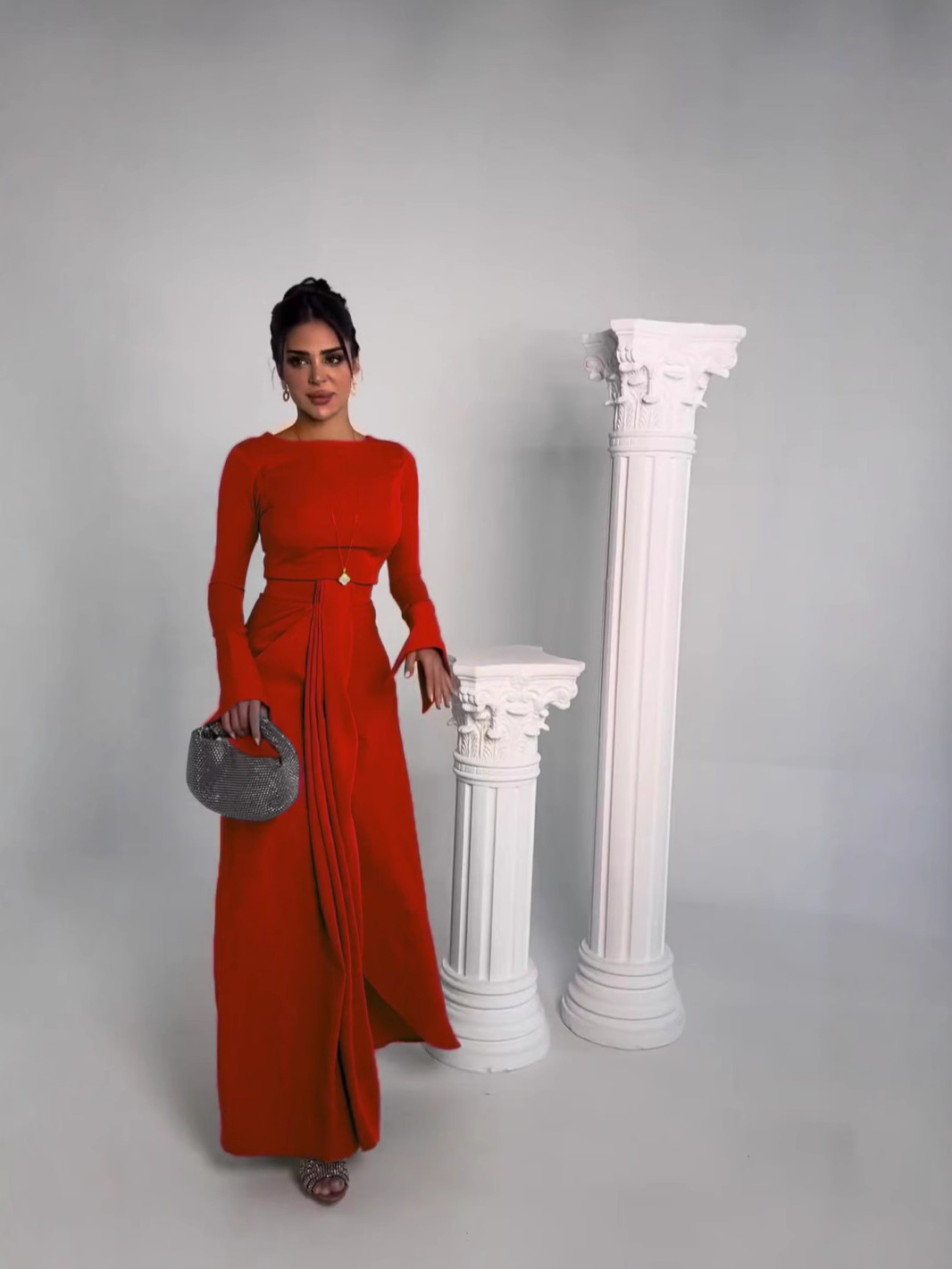 Casual Solid Prom Dress Elegant O Neck High Waist Pleated Commuter Dress New Autumn Fashion Flared Sleeve Split - detail 2