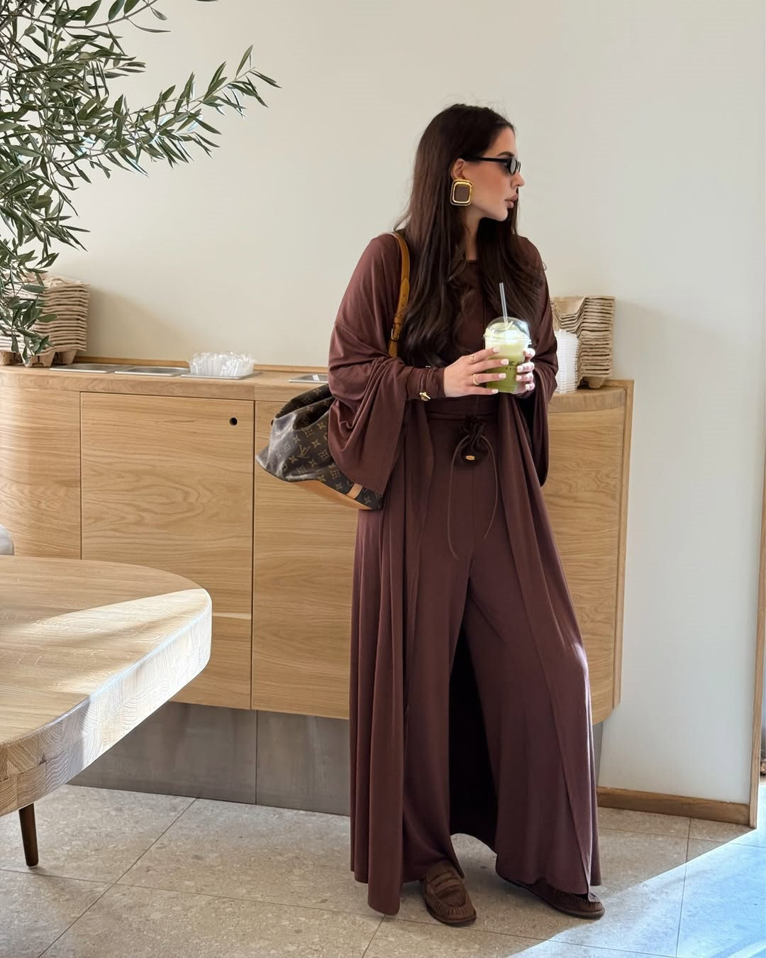 High Waist Wide Leg Pants Solid Color Long Sleeve Floor-Length Robe Round Neck Ladies' 3-Piece Set - detail 2