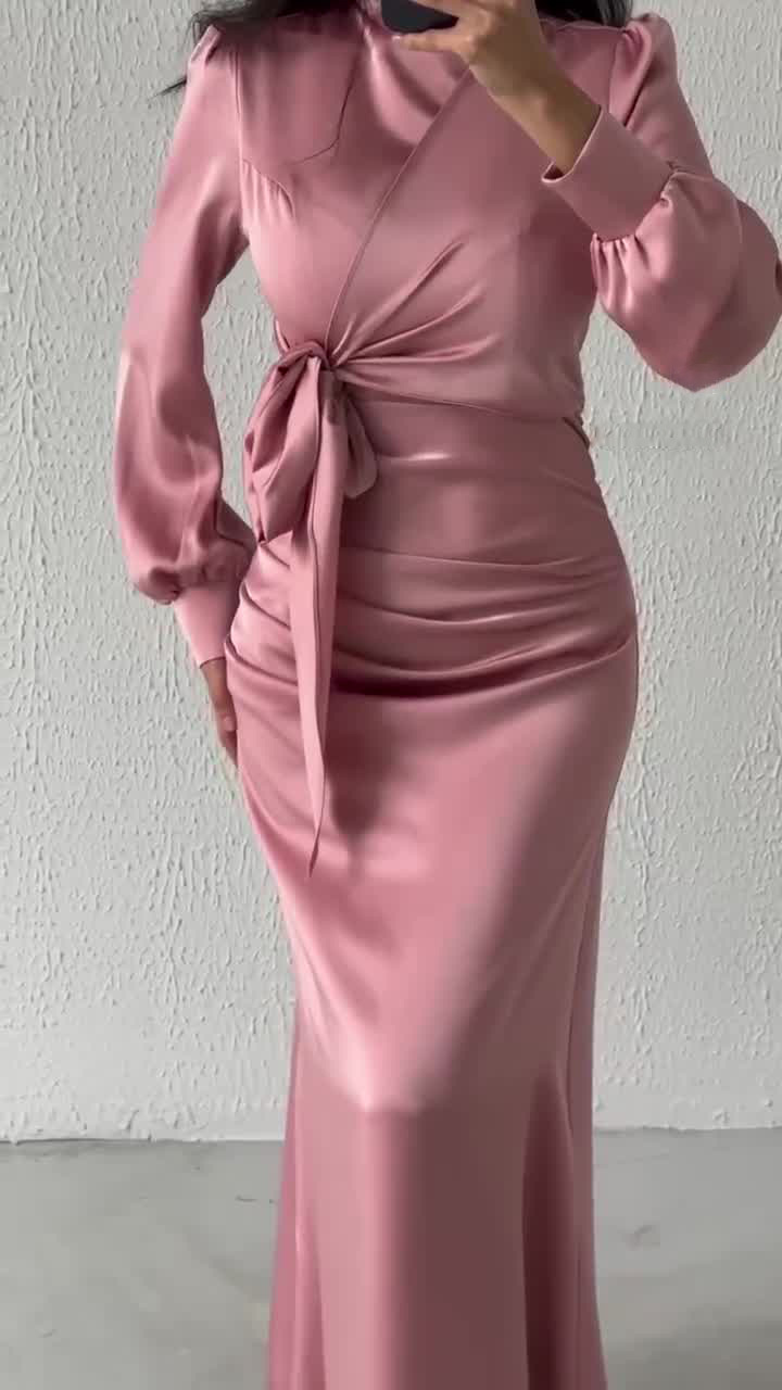 Dress Women Autumn Fashion Solid Color Satin Dress Women High Neck Long Sleeve High Waist Tie Up Elegant Slim Maxi Dress - detail 9