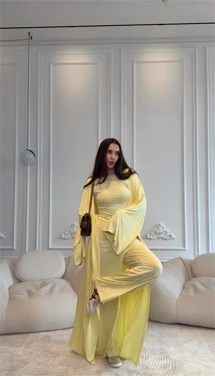 High Waist Wide Leg Pants Solid Color Long Sleeve Floor-Length Robe Round Neck Ladies' 3-Piece Set - detail 9