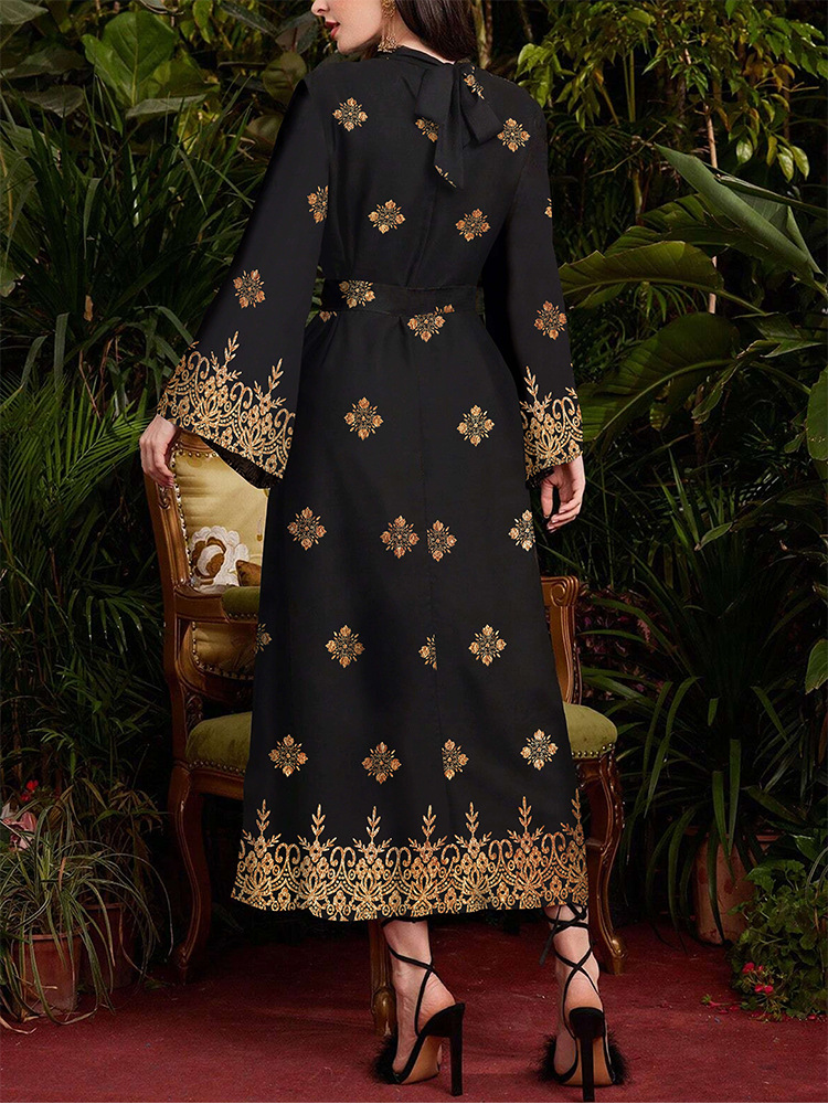 Elegant Black Printed Long-Sleeved Dress – Slim Fit, Waist-Hugging Maxi for Women Formal, Casual & Party Wear - detail 2