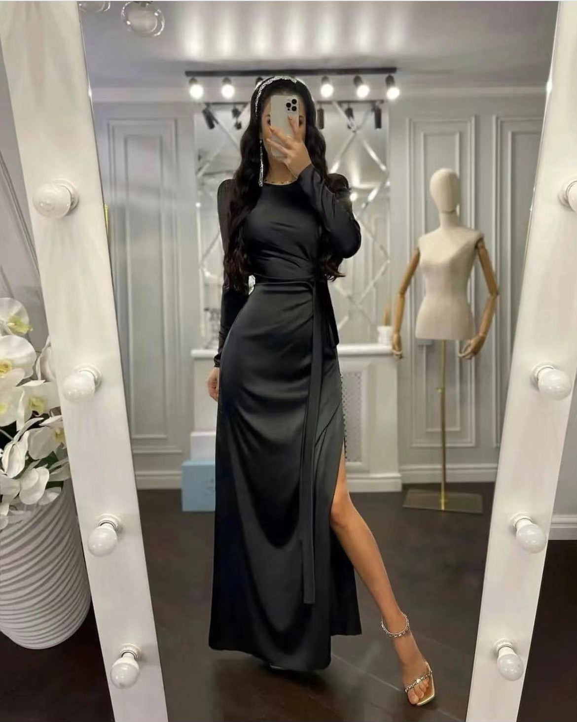 Women Sexy High Slit Satin Party Dress Office Fashion Boadycon Long Dresses Elegant O Neck Long Sleeve Solid Maxi Dress - detail 1