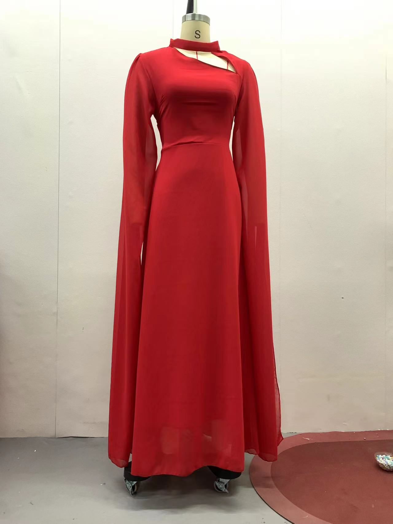 Spring Women's New Elegant Solid Color Waist Cinching Chiffon Big Batball Sleeve Dress Party Dinner Waist Cinching Dress - detail 10