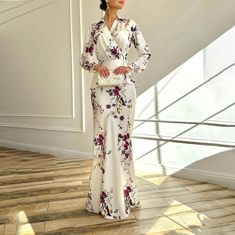 2 Piece Sets Elegant Muslimah Women V-neck Long Sleeved Top and Skirt Fashion Floral Print Slim Fit Suit Party Outfits - detail 3
