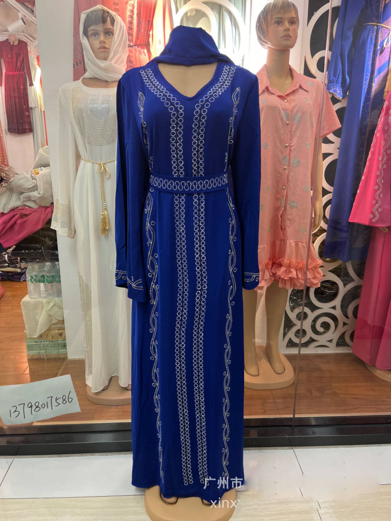 Dubai Muslim robe dress large size satin fashion hot diamond summer round neck pullover long skirt - detail 2