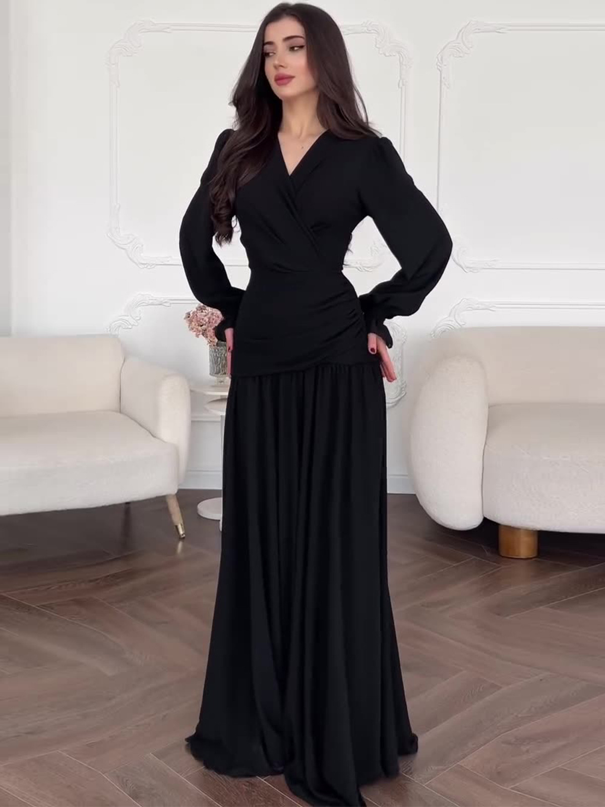 Black Chiffon Women's Dress Empire Waist Ankle-Length Square Collar Puffy Sleeve New Design - detail 3