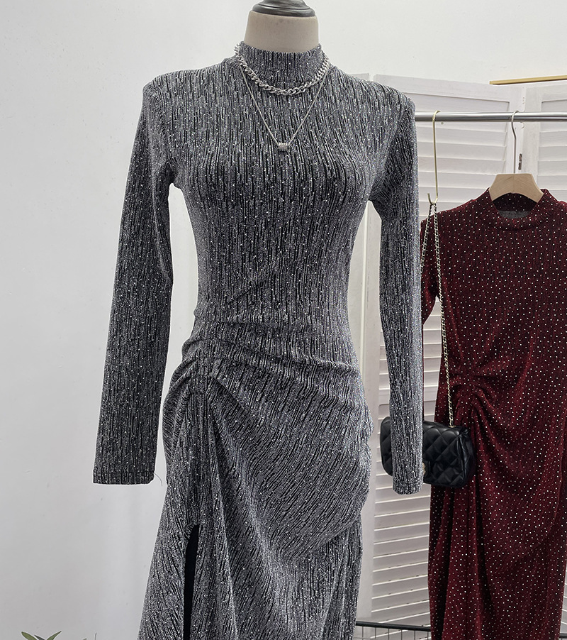 Glam Sequin Slit Maxi Dress – Sexy Pleated Waist, Shoulder Pads & Elegant High Collar - detail 1