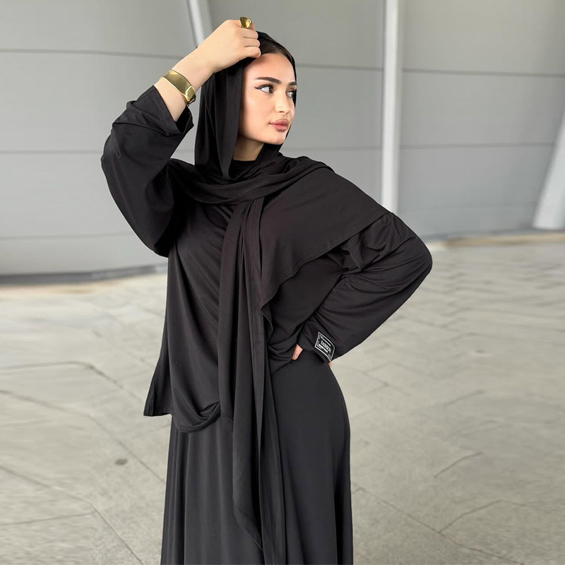 Elegant Modest Fashion Muslim Women Abaya Set Chic Headscarf & Long-Sleeve Dress Dubai Style - detail 3