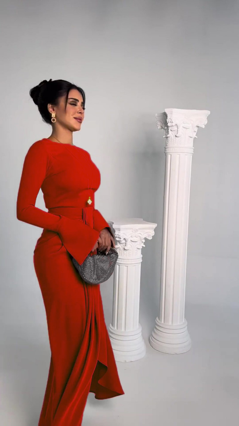 Casual Solid Prom Dress Elegant O Neck High Waist Pleated Commuter Dress New Autumn Fashion Flared Sleeve Split - detail 8