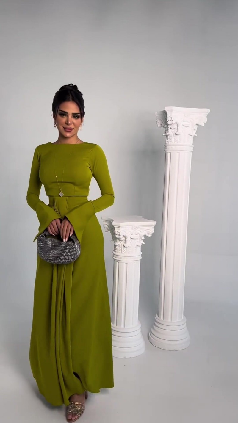 Casual Solid Prom Dress Elegant O Neck High Waist Pleated Commuter Dress New Autumn Fashion Flared Sleeve Split - detail 4